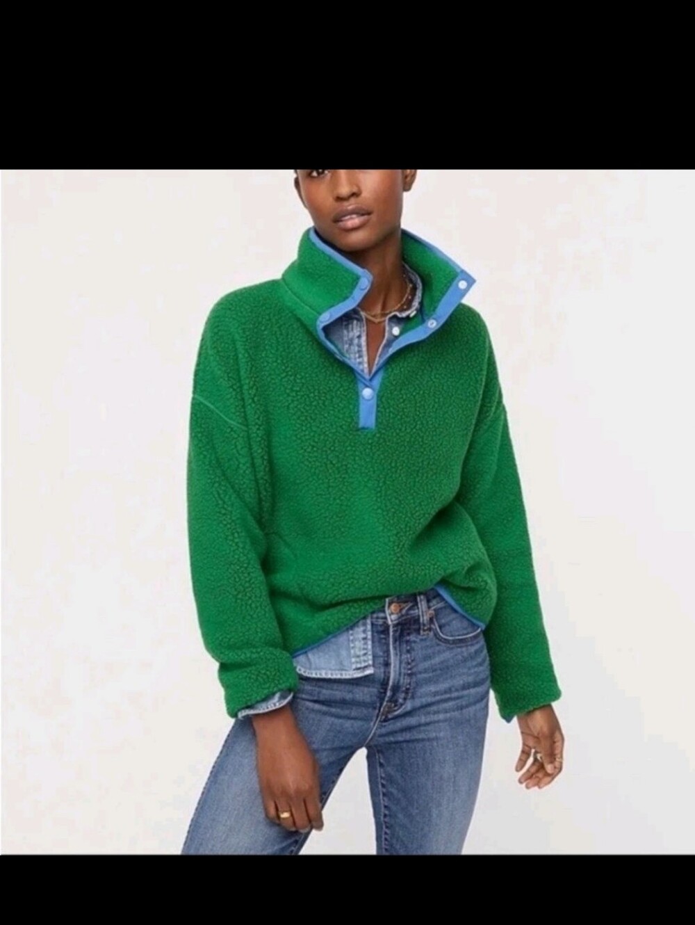 J. Crew Green Sherpa Snap-Front Pullover